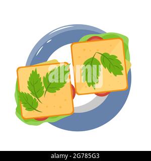 Piatto colorato con sandwich illustrazione vettoriale. Colazione clipart Illustrazione Vettoriale