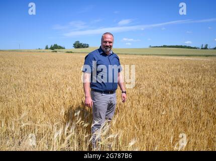 Grimma, Germania. 06 luglio 2021. Torsten Krawczyk, presidente della Saxon state Farmers' Association (SLB), si trova in un campo di orzo in Sassonia. Credit: Robert Michael/dpa-Zentralbild/ZB/dpa/Alamy Live News Foto Stock