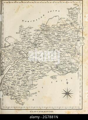 Mappa del XVIII secolo del Gloucestershire [Glocestershire] una contea dell'Inghilterra sud-occidentale. La contea comprende una parte delle colline Cotswold, parte della fertile valle piatta del fiume Severn, e l'intera Foresta di Dean. Incisione su copperplate dell'Enciclopedia Londinensis OR, dizionario universale delle arti, delle scienze e della letteratura; Volume VIII; a cura di Wilkes, Giovanni. Pubblicato a Londra nel 1810. Foto Stock