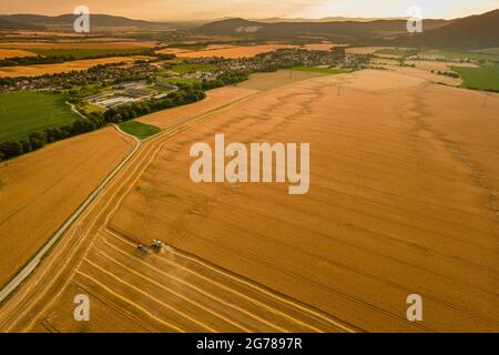 Raccolto di grano raccolto. Vista aerea della mietitrebbia in funzione durante il raccolto. Contesto agricolo. Foto Stock