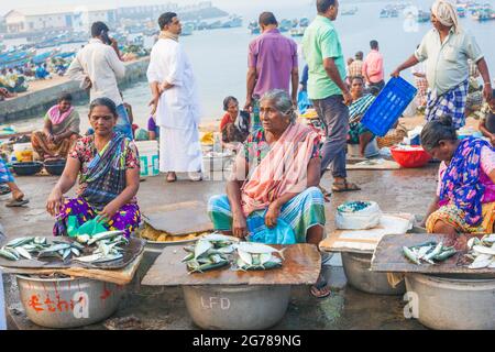 Le donne indiane commercianti di pesce che indossano saris colorati che vendono i loro prodotti al porto di Vizhinjam, Kerala, India Foto Stock