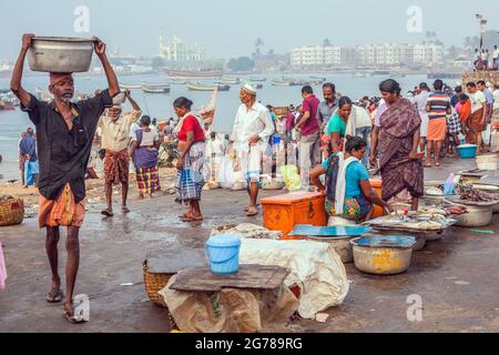 Le donne indiane commercianti di pesce che indossano saris colorati che vendono i loro prodotti come facchini trasportano il pesce sulla testa al porto di Vizhinjam, Kerala, India Foto Stock