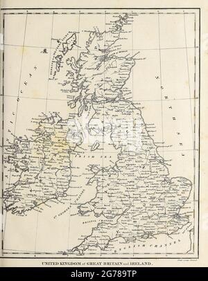 Mappa del XVIII secolo del Regno Unito di Gran Bretagna e Irlanda incisione su copperplate dell'Encyclopedia Londinensis OR, dizionario universale di arti, scienze e letteratura; Volume VIII; a cura di Wilkes, Giovanni. Pubblicato a Londra nel 1810. Foto Stock