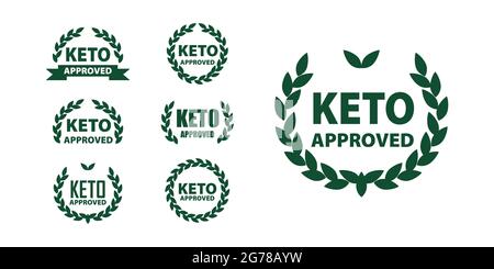 Set di contrassegni dietetici approvati dal Keto per prodotti chetogenici certificati. Etichetta Keto vettoriale per alimenti dietetici chetogenici. Illustrazione Vettoriale