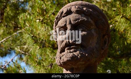 Isole IONIE, Ithaca, nord, Place Stavros, busto di Odysseus, Dettaglio: Capo di Odysseus Foto Stock