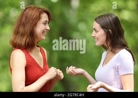 Due amici felici che parlano a vicenda in un parco verde Foto Stock