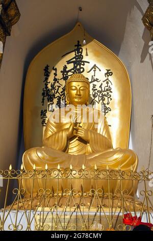 Statua dorata di Buddha sullo stupa di pace del mondo vicino a Pokhara, Nepal Foto Stock