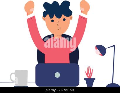 uomo che usa un vettore di caratteri flat per laptop. Illustrazione Vettoriale