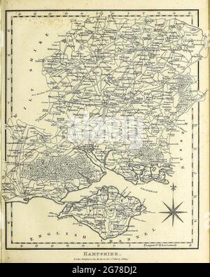 Hampshire (abbreviato in Hants) è una contea del sud-est dell'Inghilterra sulla costa della Manica. La città della contea è Winchester, l'ex capitale dell'Inghilterra. Le sue due città più grandi, Southampton e Portsmouth, sono amministrate separatamente come autorità unitarie e il resto della contea è governato da una combinazione di Hampshire County Council e municipi non metropolitani. Incisione su copperplate dell'Enciclopedia Londinensis OR, dizionario universale delle arti, delle scienze e della letteratura; Volume IX; a cura di Wilkes, Giovanni. Pubblicato a Londra nel 1811 Foto Stock