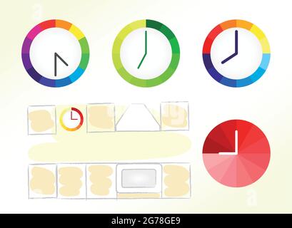 Idee per la progettazione di orologi. Set di icone vettoriali con orologio dai colori brillanti e immagine schematica della cucina. O nome, grafico aziendale, schema isolato aziendale collettti Illustrazione Vettoriale