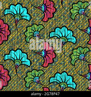Tessuto African Wax Print, ornamento etnico fatto a mano senza cuciture design, motivi tribali motivi floreali. Tessuto vettoriale, afro tessuto colorato Ankar Illustrazione Vettoriale