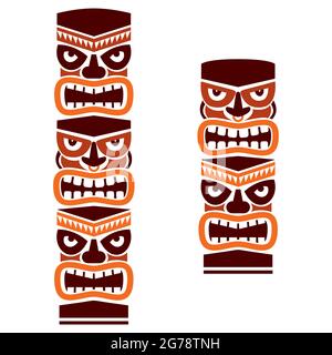 Tiki pole totem set vettoriale tribale design in marrone - decorazione tradizionale statua con facce set da Polinesia e Hawaii Illustrazione Vettoriale