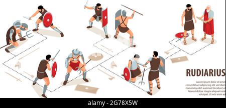 Infografiche gladiatori isometrici dell'antica roma con testo modificabile e diagramma di flusso con personaggi umani di illustrazione vettoriale guerrieri rudarius Illustrazione Vettoriale