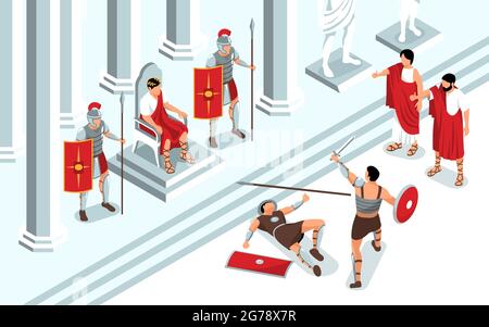 Composizione dei gladiatori isometrici dell'antica roma con vista sulla sala del trono e monarca che guarda il duello battaglia combattimenti illustrazione vettoriale Illustrazione Vettoriale