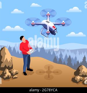 Composizione isometrica dell'operatore del drone con paesaggio selvaggio all'aperto e uomo con dispositivo remoto e illustrazione vettoriale del quadcopter volante Illustrazione Vettoriale