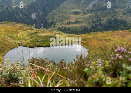 Europa, Austria, Tirolo, Ötztal Alpi, Ötztal, Obergurgl, piccolo lago di montagna in salita al Ramolhaus Foto Stock