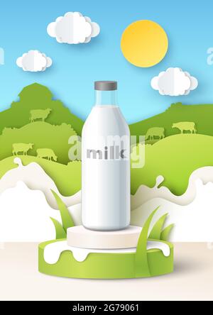 Boccetta di latte sul podio, campi di carta tagliata, mucche, spruzzi di latte, illustrazione vettoriale. Annunci di prodotti alimentari caseari naturali Illustrazione Vettoriale
