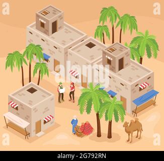 Moderno egitto attrazioni turistiche composizione isometrica di sfondo con i visitatori che esplorano la valle dei re e giro in cammello illustrazione vettoriale Illustrazione Vettoriale