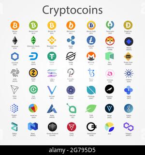 Icone di monete vettoriali a criptovaluta isolate su sfondo bianco. Illustrazione Vettoriale