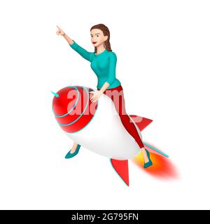 Un'illustrazione di una donna che punta la mano in avanti. Concetto aziendale di startup, innovazione. Rendering 3D. Un personaggio su un razzo Foto Stock