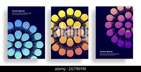 Set di striscioni o poster con illustrazione astratta in 3d, grandi forme a cono che formano oggetto rotondo, forme luminose su sfondo scuro Illustrazione Vettoriale