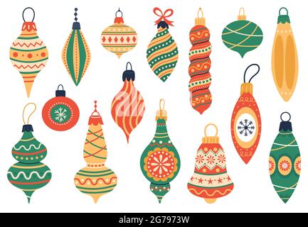 Decorazioni dell'albero di Natale. Xmas vacanze peluche albero giocattoli, carino xmas vintage elementi vettoriali illustrazione set. Giocattoli invernali di Natale disegnati a mano Illustrazione Vettoriale