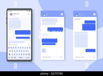 Fumetti di conversazione testuale sullo schermo dello smartphone, palloncini di dialogo per l'invio di messaggi privati modello vettoriale blu Illustrazione Vettoriale
