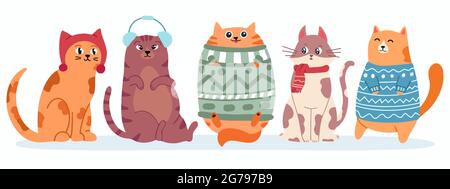 Gatti carini in maglione. Gattini grassi felici per il nuovo anno e banner vettore di natale. Gattino domestico di Natale in sciarpa Illustrazione Vettoriale
