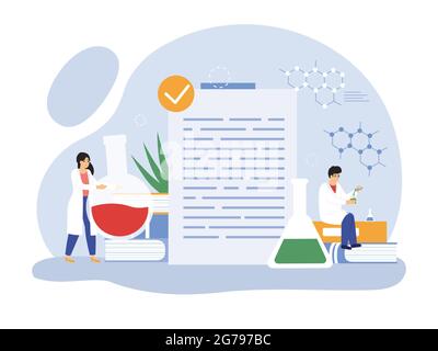 Personaggi che fanno ricerche scientifiche, miscelando liquidi in matracci in laboratorio. Scienziati con attrezzature Illustrazione Vettoriale