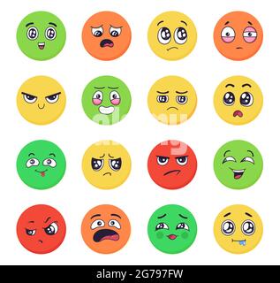 Cartone animato emozioni facce insieme. Espressioni emoji con arrabbiato e triste, felicità e gioia gesti facciali di diversi colori Illustrazione Vettoriale