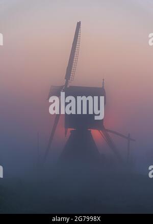 Impressioni di un'escursione primaverile all'alba e alla nebbia in Sud Olanda nella regione di Alblasserwaard Vijfheerenlanden vicino a Kinderdijk: mulino all'alba e alla nebbia. Foto Stock