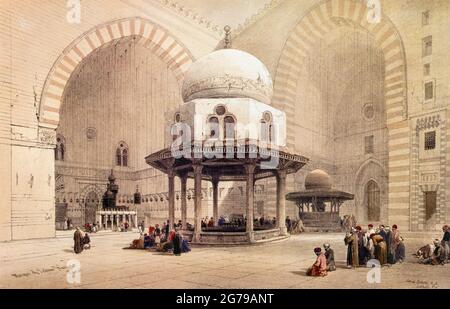 Interno della Moschea del Sultano Hassan. Dell'artista scozzese David Roberts, 1796 - 1864. Roberts creò questo lavoro dopo i suoi viaggi attraverso il Medio Oriente nel 1838-1839. Foto Stock