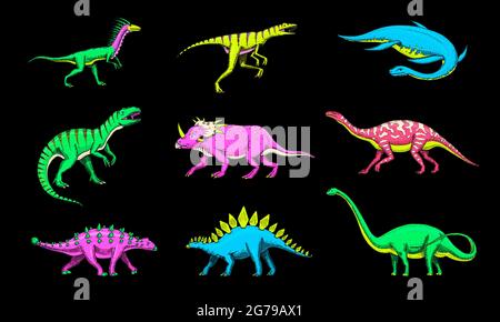 Set dinosauri, Tyrannosaurus rex, Triceratops, Barosaurus, Diplodocus, Velociraptor Triceratops Stegosaurus. Rettili preistorici, animale. Vintage Illustrazione Vettoriale