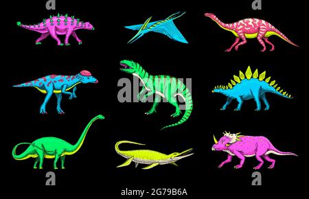 Set dinosauri, Tyrannosaurus rex, Triceratops, Barosaurus, Diplodocus, Velociraptor Triceratops Stegosaurus. Rettili preistorici, animale. Vintage Illustrazione Vettoriale