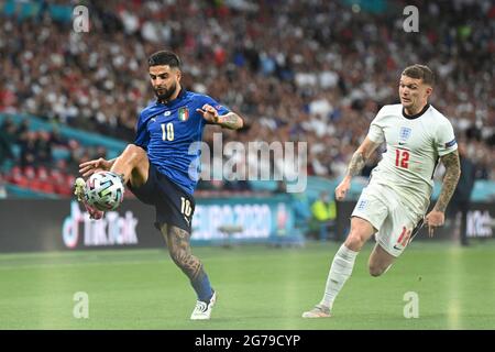 Londra, Regno Unito. 11 Luglio 2021. Lorenzo INSIGNE (ITA), azione, duelli contro Kieran TRIPPIER (ENG). Finale, gioco M51, Italia (ITA) - Inghilterra (ENG) il 07/11/2021 a London/Wembley Stadium. Calcio Euro 2020 dal 11.06.2021-11.07.2021. Foto; Marvin Guengoer/GES/Pool via Sven Simon Fotoagentur GmbH & Co. Stampa foto N. 41 N. 45479 M uelheim/R uhr N. tel 0208/9413250 numero di fax 0208/9413260 N. GLS Bank N. BLZ 430 609 67 N. account 4030 025 100 N. IBAN DE75 4306 0967 4030 0251 00 N. BIC GENODE1GLS N. www.svensimon.net. Credit: dpa Picture Alliance/Alamy Live News Foto Stock