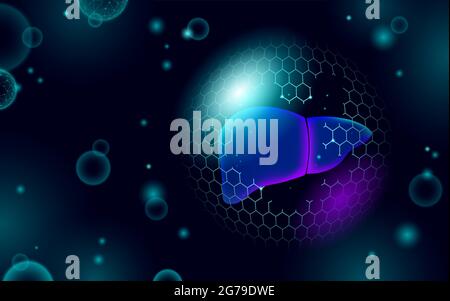 Fegato umano terapia di ricostruzione concetto medico. Farmacia farmacia banner cura recuperare epatite health care. Bassa poli poligonale 3D vettore incandescente Illustrazione Vettoriale