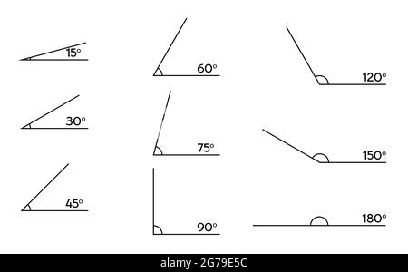 Vari angoli ottusi e acuti. Angoli diversi isolati su bianco. Illustrazione vettoriale degli elementi geometrici. Illustrazione Vettoriale