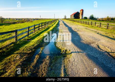 Strada di campagna mal mantenuta attraverso una fattoria nel Kentucky centrale Foto Stock