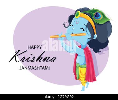 Felice biglietto d'auguri Krishna Jammashtami. Signore Krishna capretto che paga flauto. Vettore stock Illustrazione Vettoriale