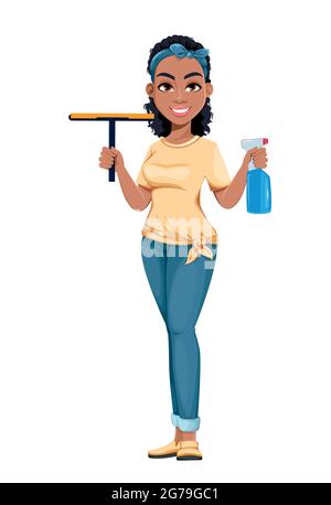 Bella casalinga americana africana che tiene spruzzatore e squeegee. Carino personaggio cartoon signora facendo lavoro domestico. Illustrazione vettoriale stock Illustrazione Vettoriale