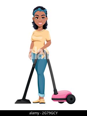 Bella casalinga afroamericana vacuuming. Carino personaggio cartoon signora facendo lavoro domestico. Illustrazione vettoriale stock Illustrazione Vettoriale