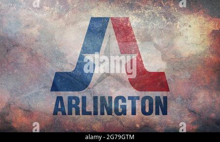 Vista dall'alto della bandiera retrò di Arlington, Texas con texture grunge. Sfondo del contrassegno. Concetto patriottico di Arlington, Texas. Foto Stock