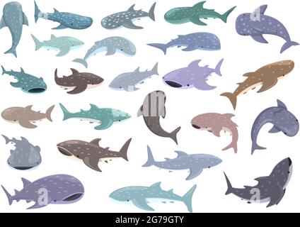 Le icone di squalo balena impostano il vettore cartoon. Pesce animale. Mammifero esotico Illustrazione Vettoriale