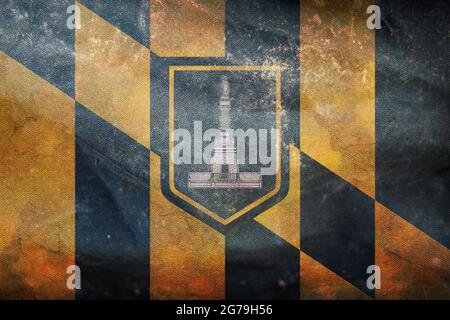 Vista dall'alto della bandiera retrò di Baltimora, Maryland con texture grunge. Sfondo del contrassegno. Concetto patriottico su Baltimora, Maryland. Foto Stock