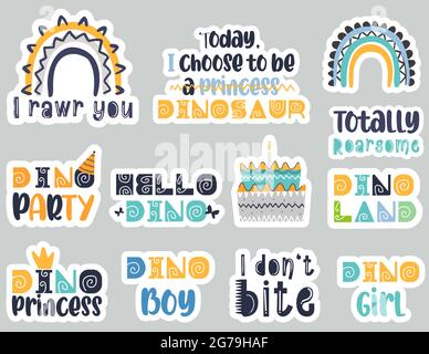 Dino colorato divertente citazioni set. Illustrazione vettoriale. Illustrazione Vettoriale