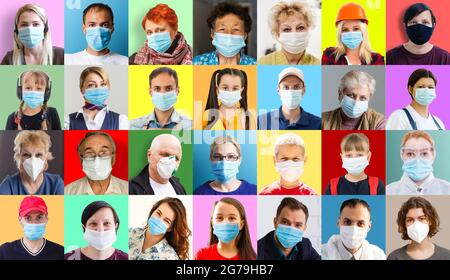 Ritratti Set di allegri Men e Donne miste che sorridono sui colorati sfondi di Studio. Persone diverse si trovano a fronteggiare in Collage. Società multietnica Foto Stock