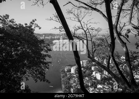 Una passeggiata da Praia Vermelha (Spiaggia Rossa), le acque oceaniche e le montagne circostanti, attraverso gli alberi del sentiero del Pan di zucchero, situato a Rio De Janeiro, Brasile. Foto Stock