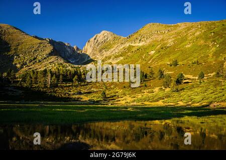 Lago di Cortalets, ai piedi della parete nord del Canigou (Pyrénées Orientales, Francia, Pirenei) ESP: Pequeño lago de los Cortalets, al Canigó (Francia) Foto Stock