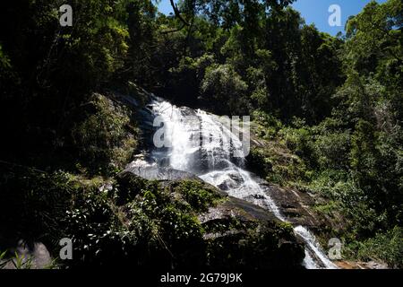 Bella cascata chiamata 'Cascatinha Taunay' sulla natura verde nella foresta pluviale atlantica, Tijuca Forest National Park in Alto da Boa Vista, Rio de Janeiro, Brasile Foto Stock