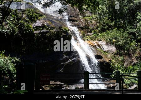 Bella cascata chiamata 'Cascatinha Taunay' sulla natura verde nella foresta pluviale atlantica, Tijuca Forest National Park in Alto da Boa Vista, Rio de Janeiro, Brasile Foto Stock